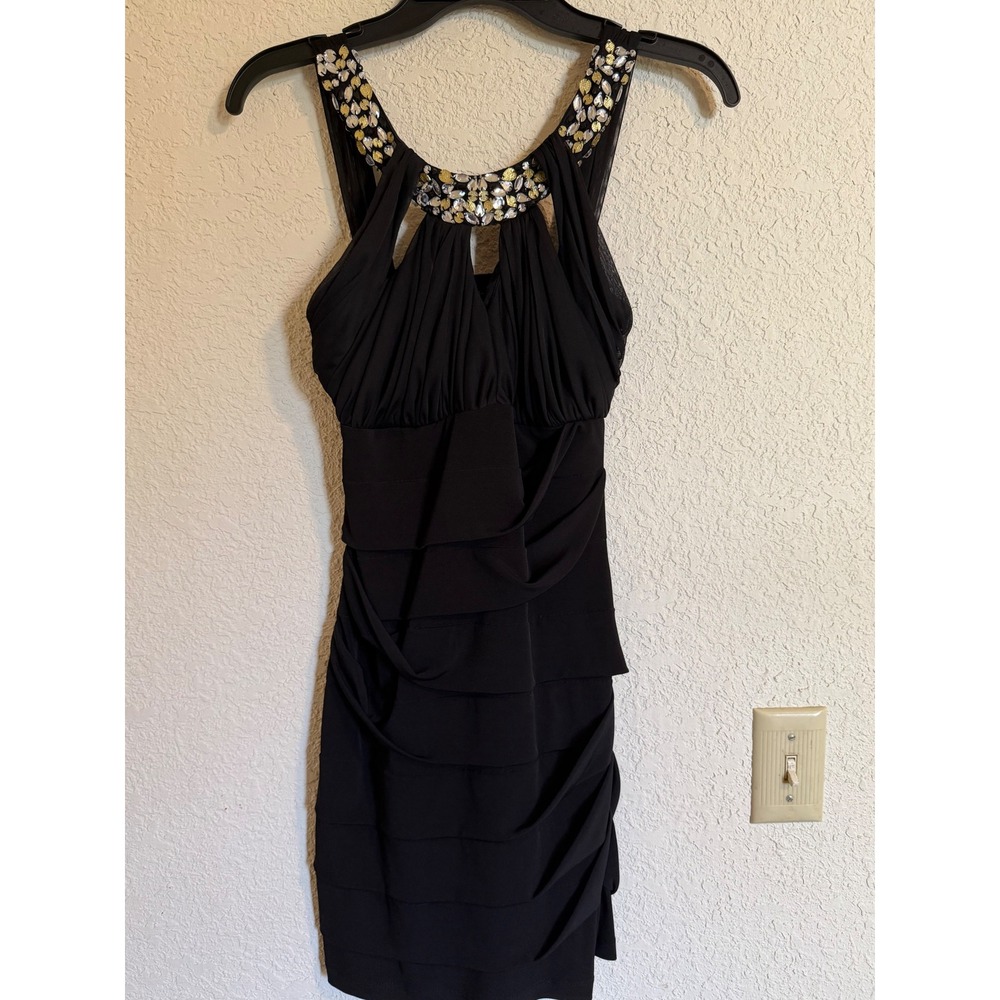 City Triangles Black Embellished Halter Tiered Bodycon Cocktail Mini Dress S